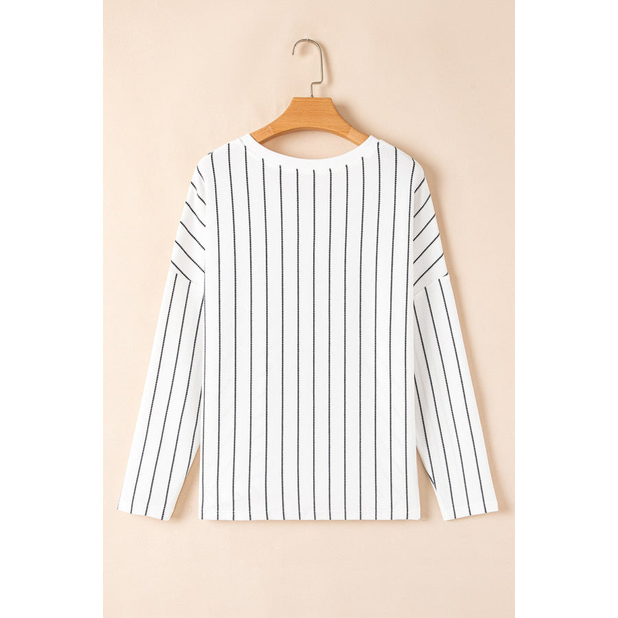 Striped V-Neck Long Sleeve Blouse Apparel and Accessories