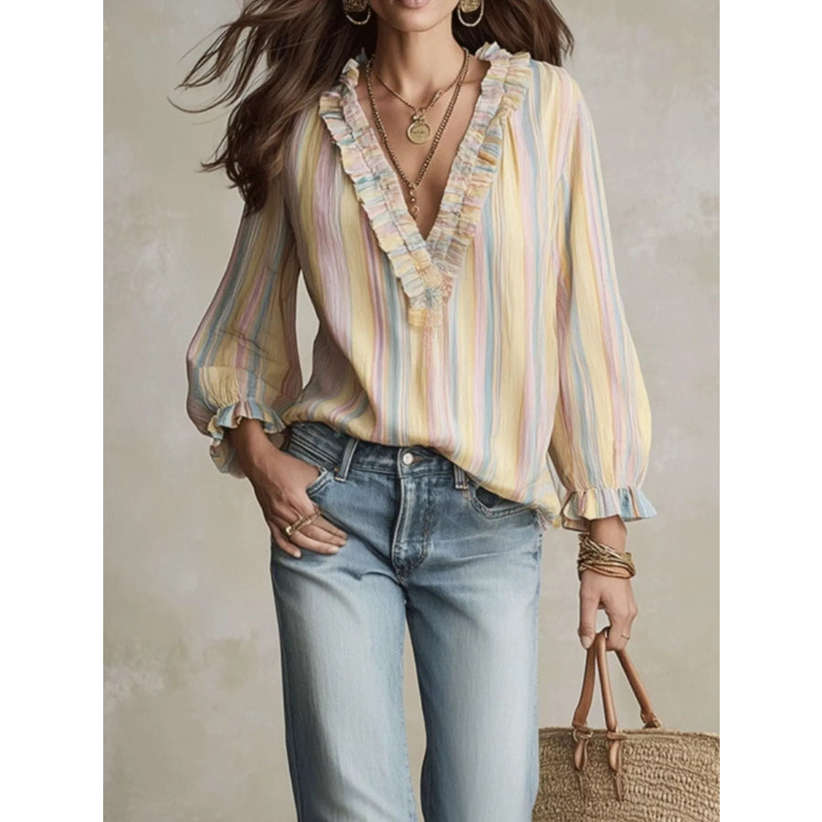 Striped V-Neck Long Sleeve Blouse Apparel and Accessories