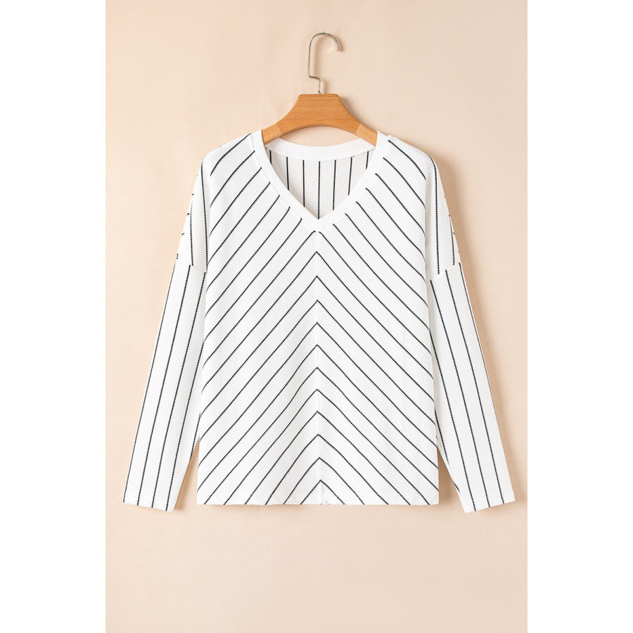 Striped V-Neck Long Sleeve Blouse Apparel and Accessories