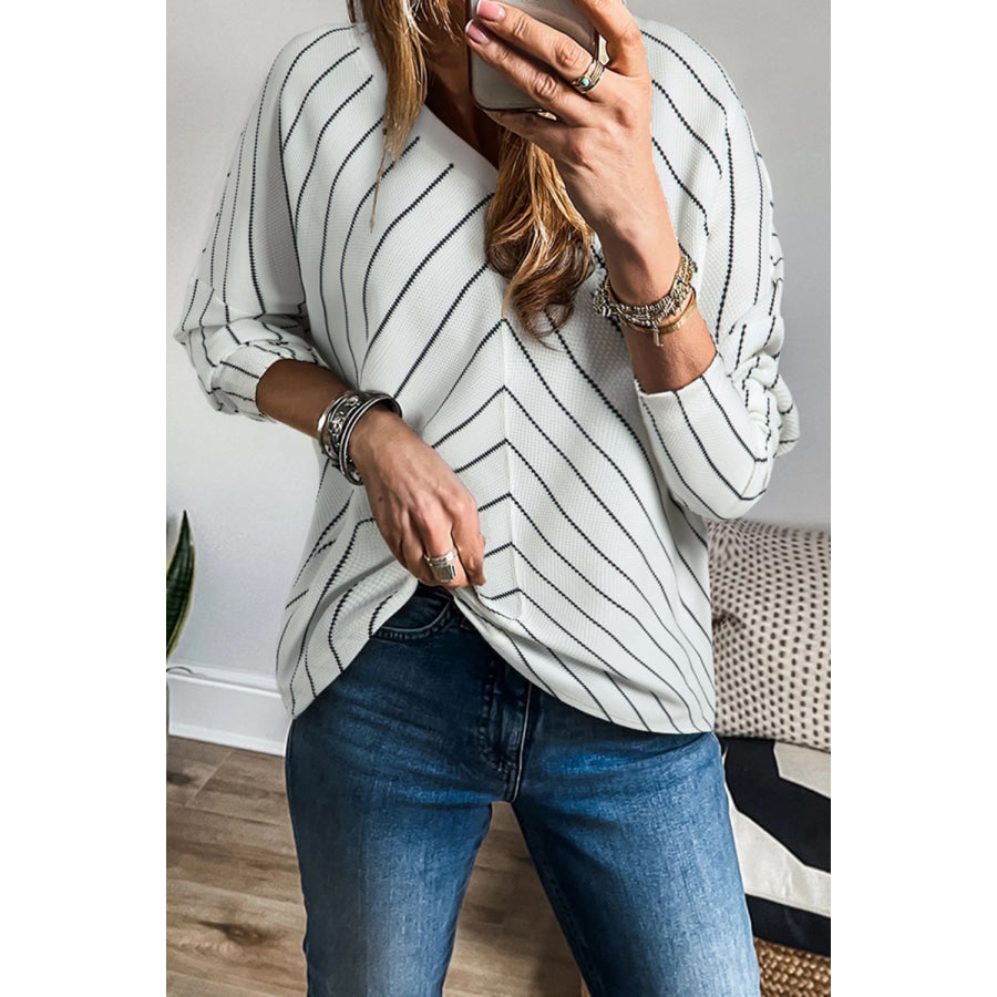 Striped V-Neck Long Sleeve Blouse Apparel and Accessories