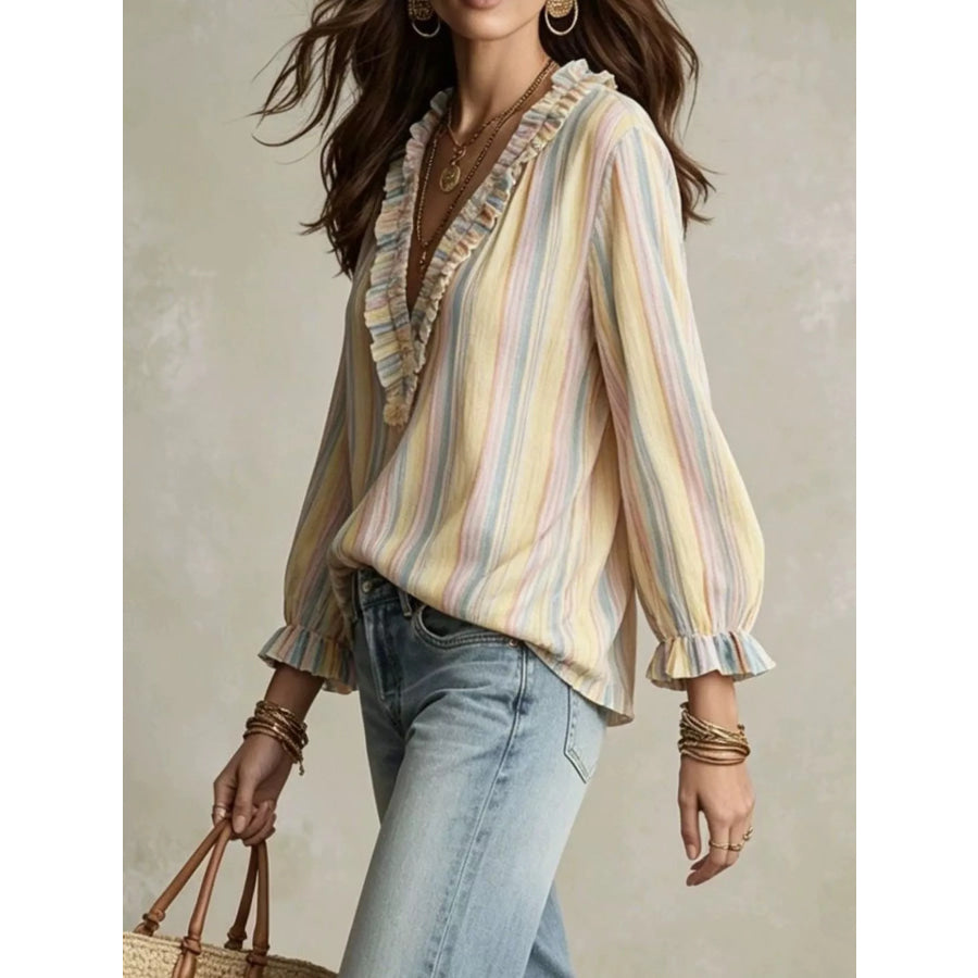 Striped V-Neck Long Sleeve Blouse Apparel and Accessories