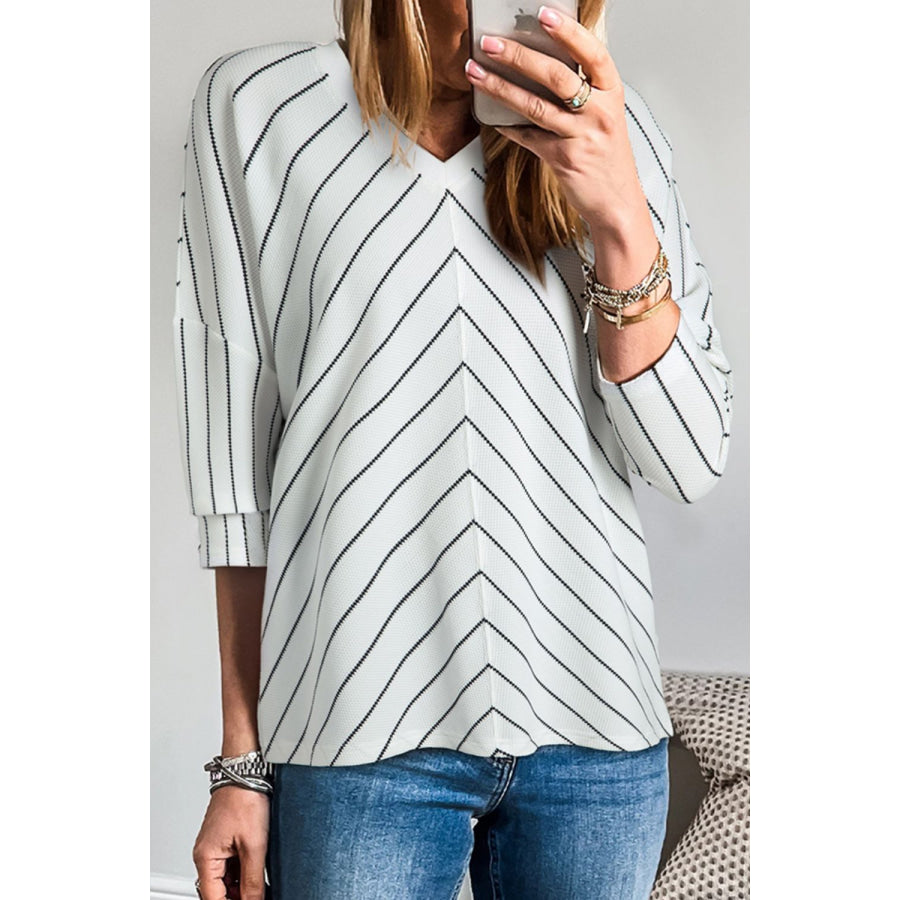 Striped V-Neck Long Sleeve Blouse White / S Apparel and Accessories