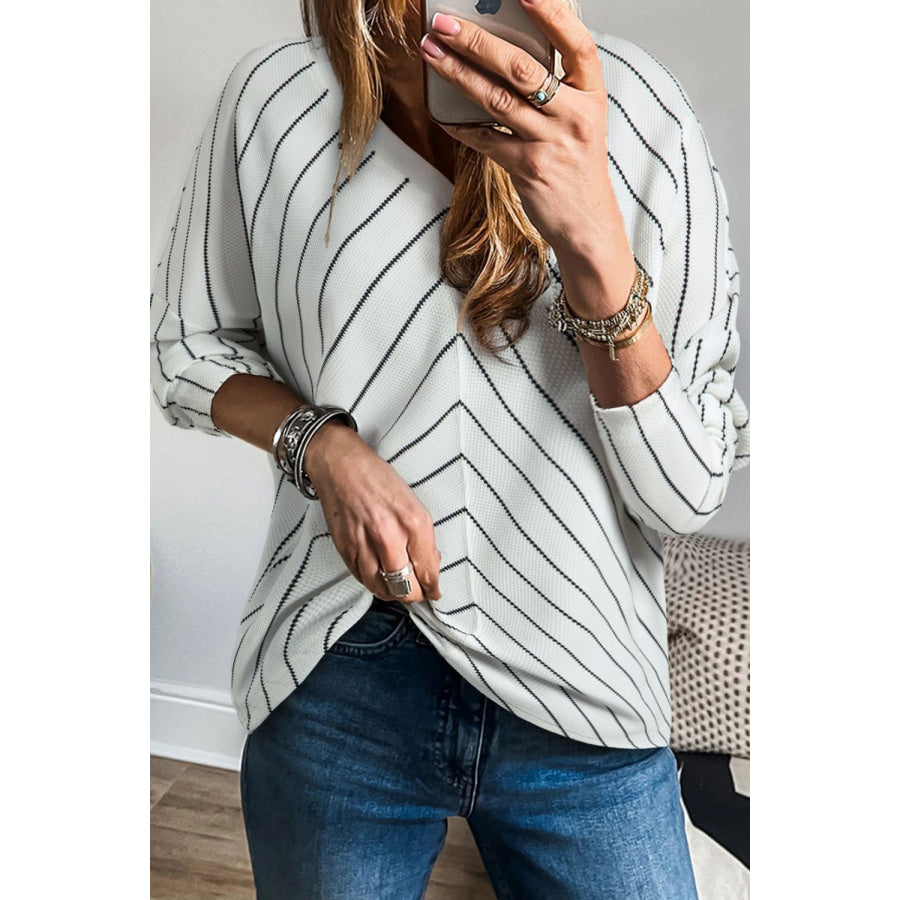 Striped V-Neck Long Sleeve Blouse White / S Apparel and Accessories