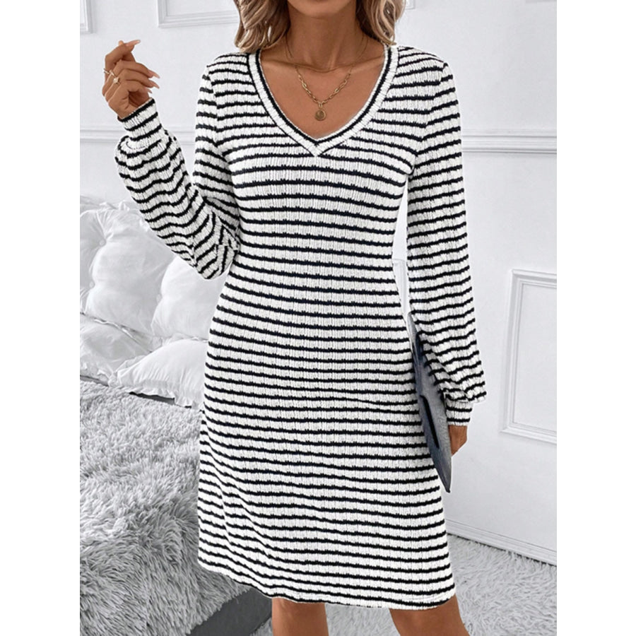 Striped V-Neck Long Sleeve Dress Apparel and Accessories