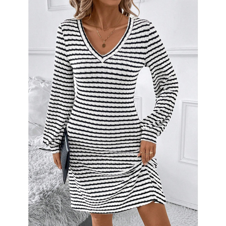 Striped V-Neck Long Sleeve Dress Apparel and Accessories