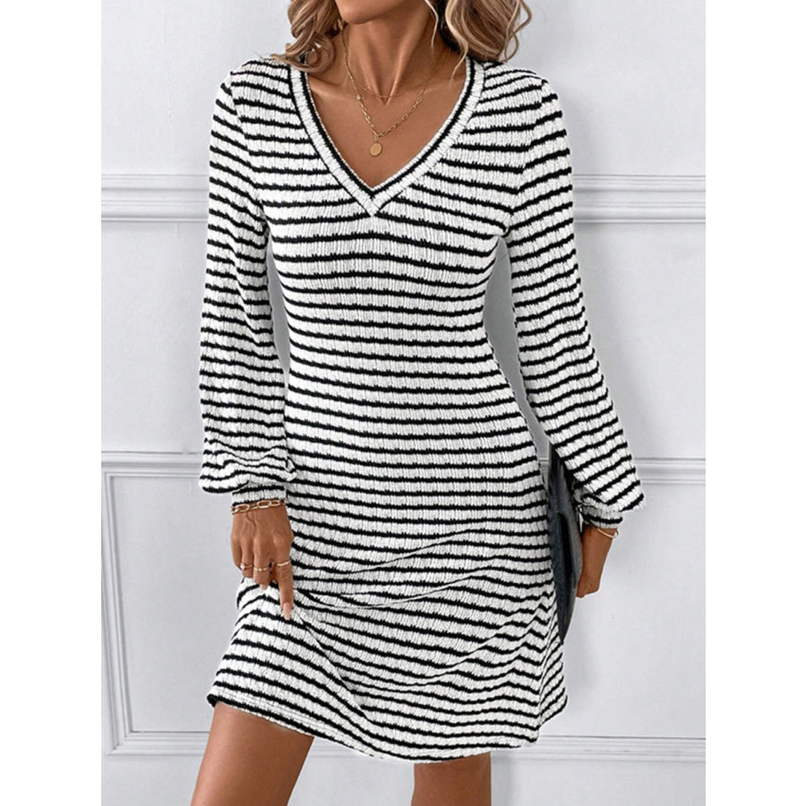 Striped V-Neck Long Sleeve Dress Black / S Apparel and Accessories