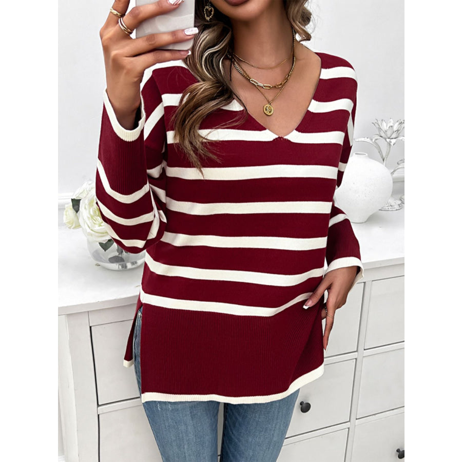 Striped V-Neck Long Sleeve Knit Top Apparel and Accessories