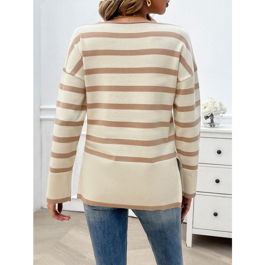 Striped V-Neck Long Sleeve Knit Top Apparel and Accessories