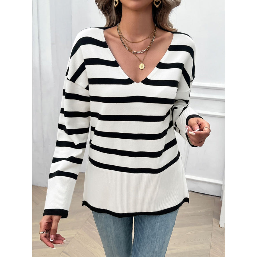 Striped V-Neck Long Sleeve Knit Top Apparel and Accessories