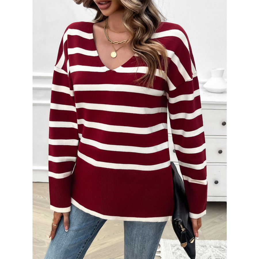 Striped V-Neck Long Sleeve Knit Top Apparel and Accessories