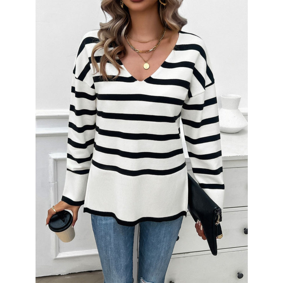 Striped V-Neck Long Sleeve Knit Top Apparel and Accessories