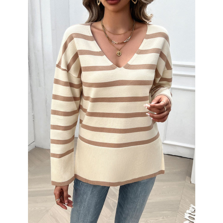 Striped V-Neck Long Sleeve Knit Top Apparel and Accessories