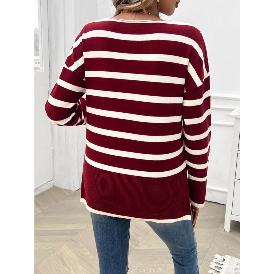 Striped V-Neck Long Sleeve Knit Top Apparel and Accessories