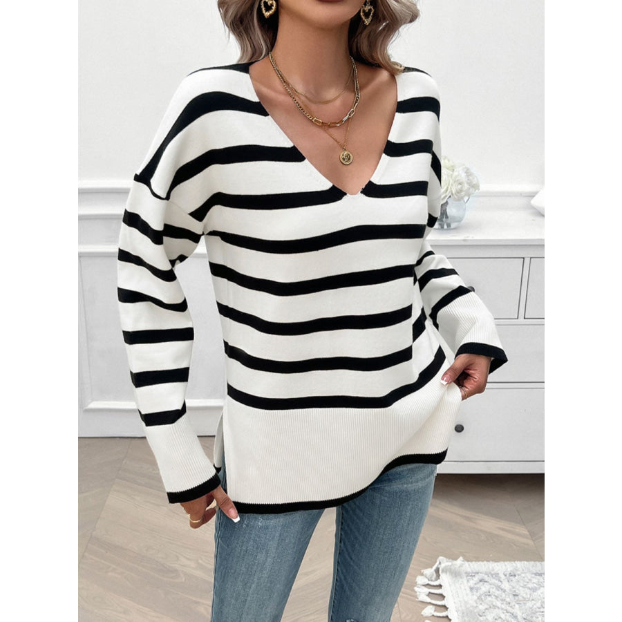 Striped V-Neck Long Sleeve Knit Top Apparel and Accessories