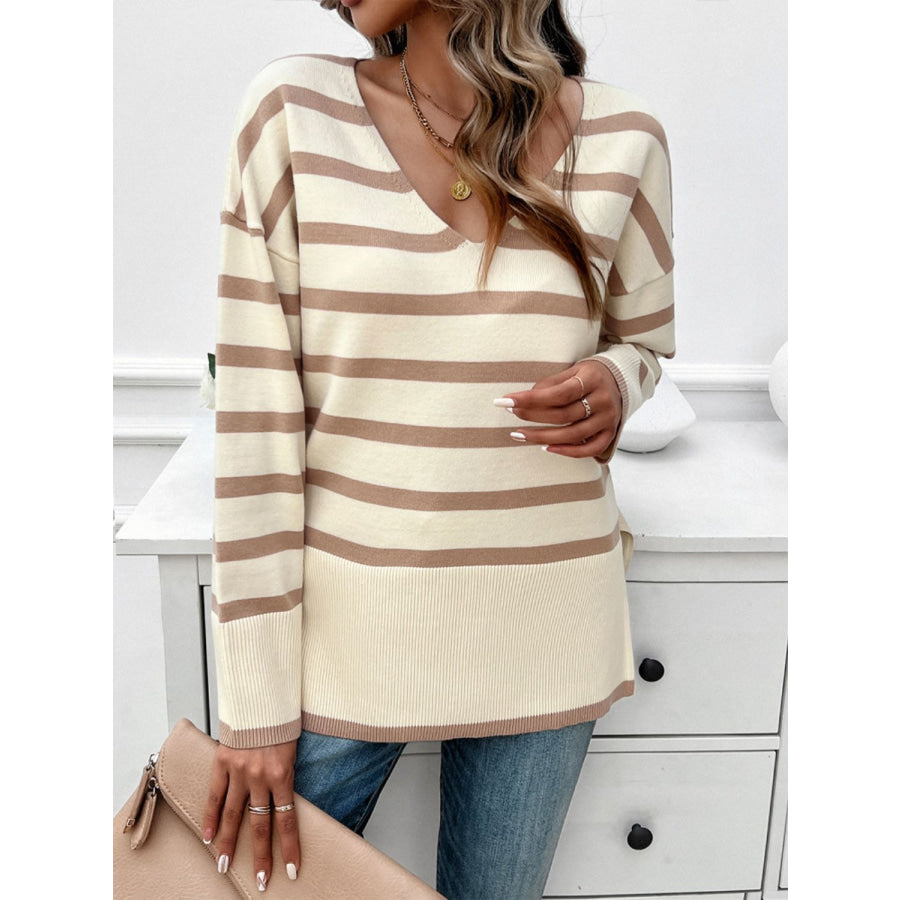 Striped V-Neck Long Sleeve Knit Top Apparel and Accessories