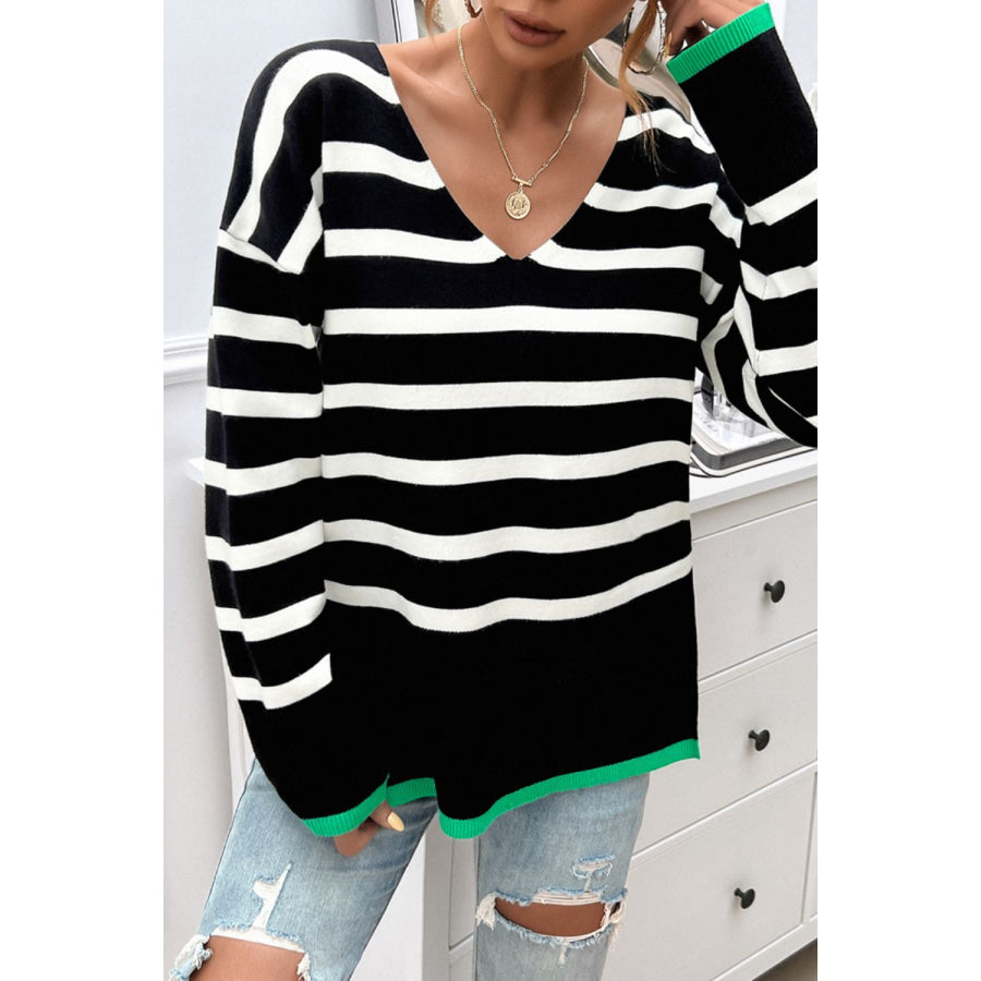 Striped V-Neck Long Sleeve Knit Top Apparel and Accessories