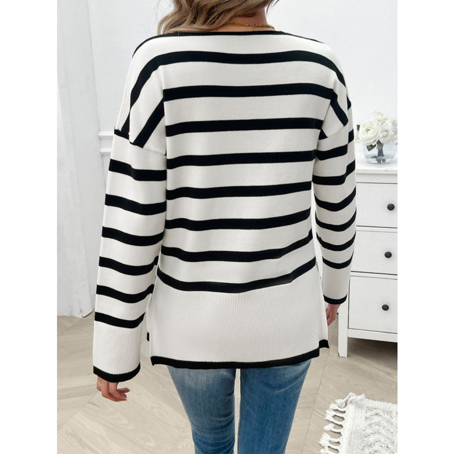 Striped V-Neck Long Sleeve Knit Top White / S Apparel and Accessories