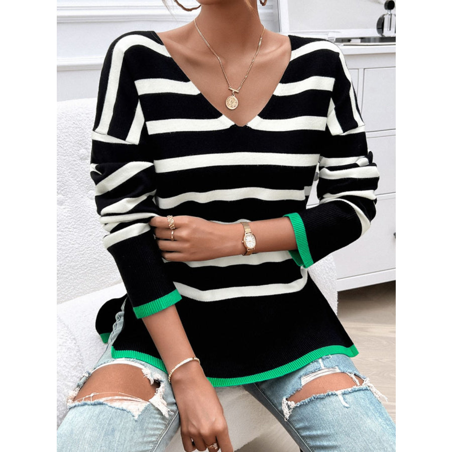 Striped V-Neck Long Sleeve Knit Top Apparel and Accessories