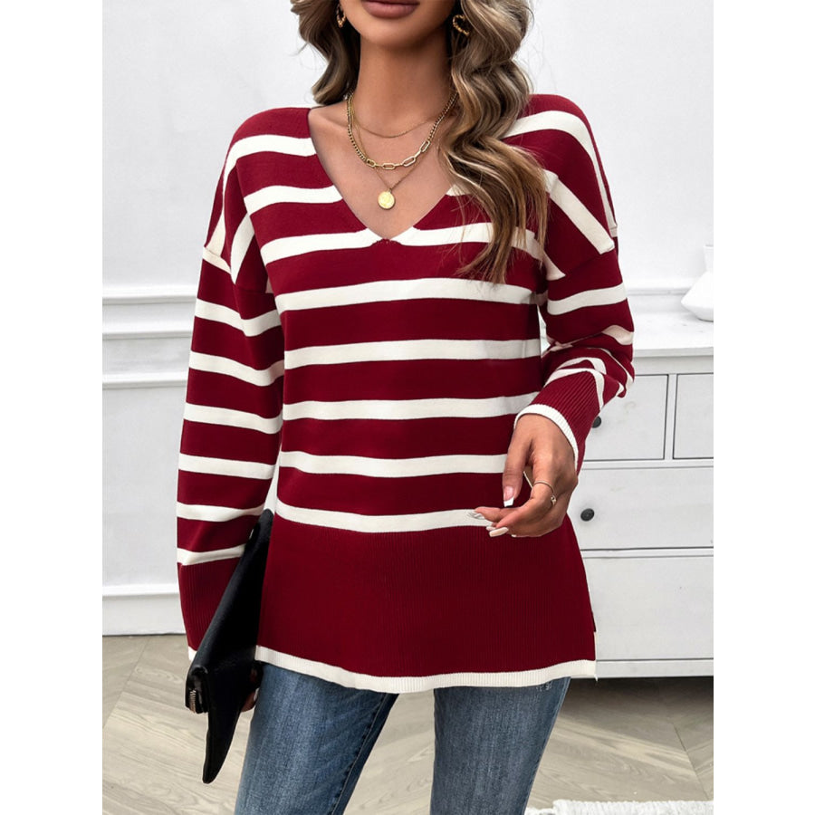 Striped V-Neck Long Sleeve Knit Top Apparel and Accessories