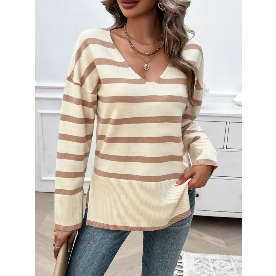 Striped V-Neck Long Sleeve Knit Top Apparel and Accessories