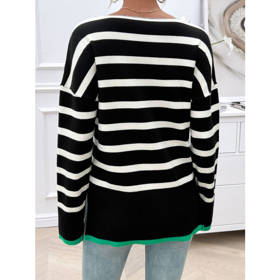 Striped V-Neck Long Sleeve Knit Top Apparel and Accessories