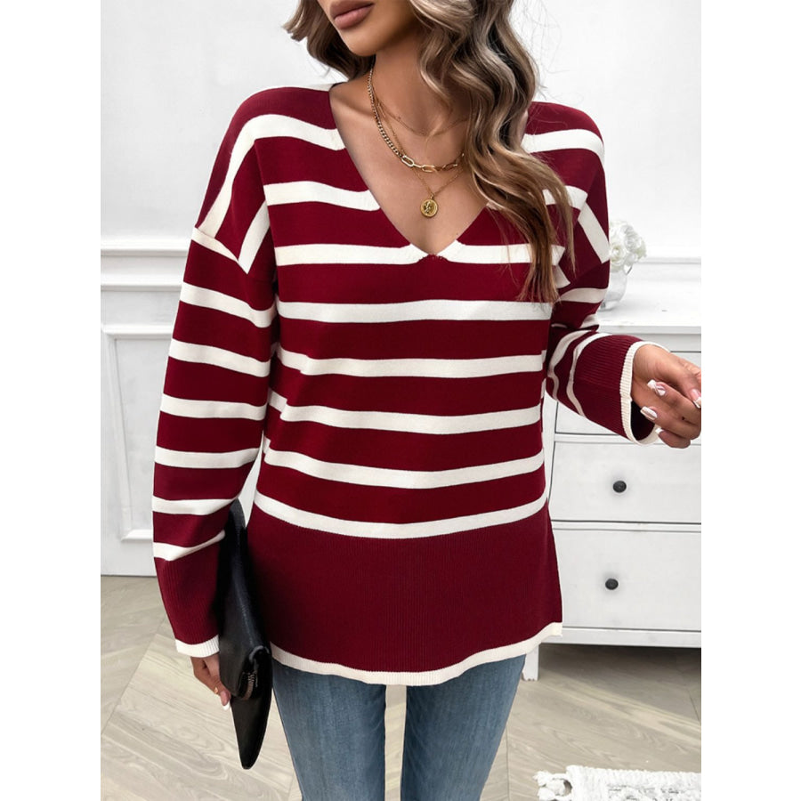 Striped V-Neck Long Sleeve Knit Top Apparel and Accessories