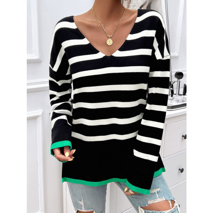 Striped V-Neck Long Sleeve Knit Top Apparel and Accessories