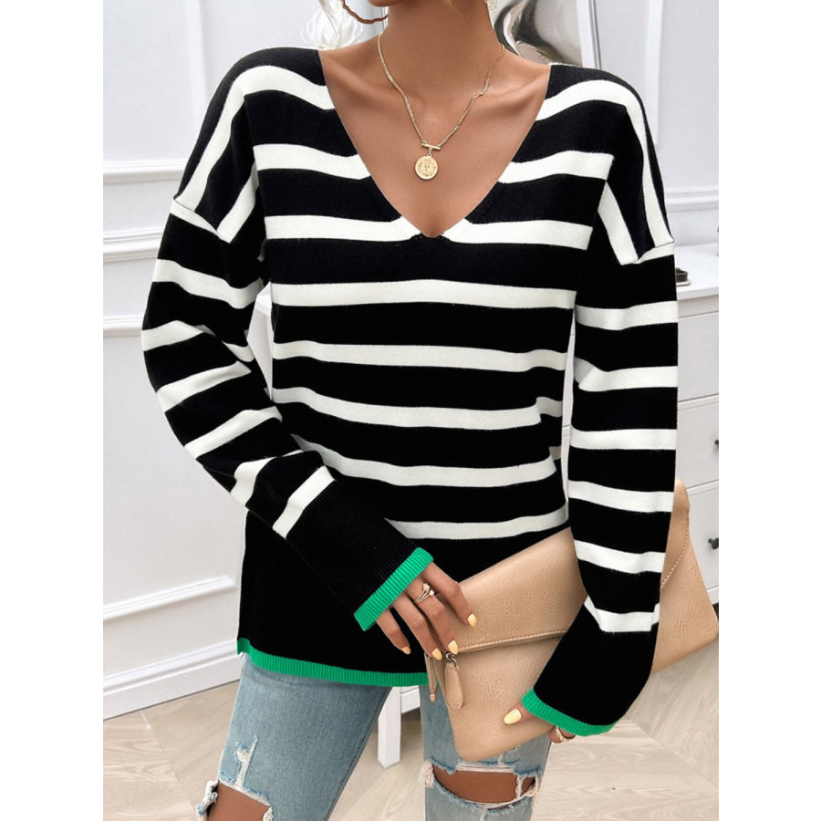 Striped V-Neck Long Sleeve Knit Top Black / S Apparel and Accessories