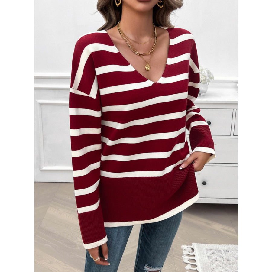 Striped V-Neck Long Sleeve Knit Top Burgundy / S Apparel and Accessories