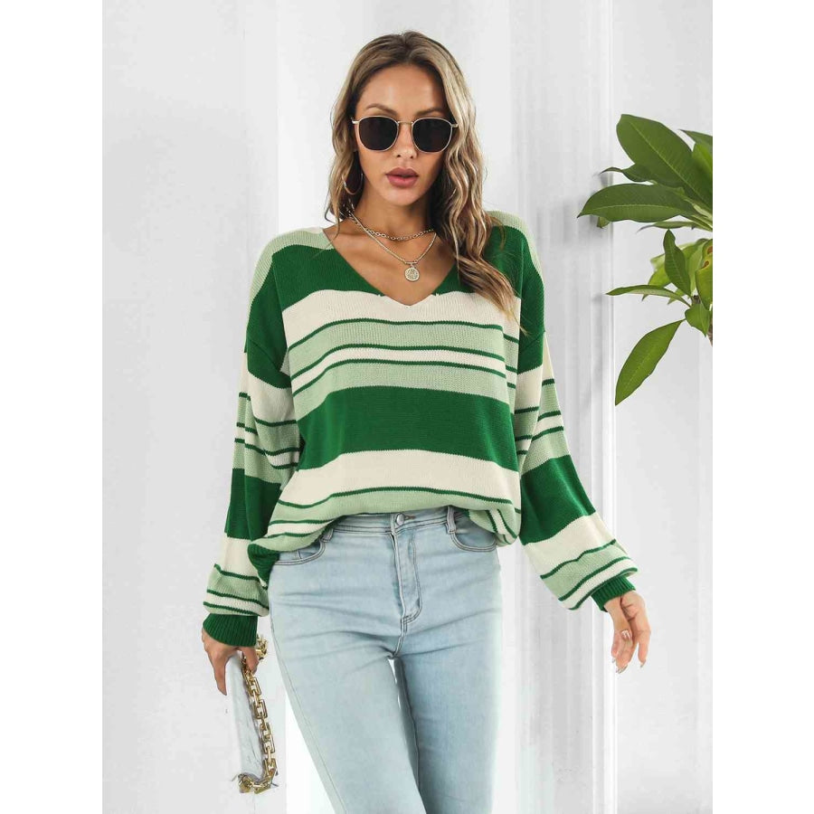 Striped V-Neck Long Sleeve Knit Top Green / S