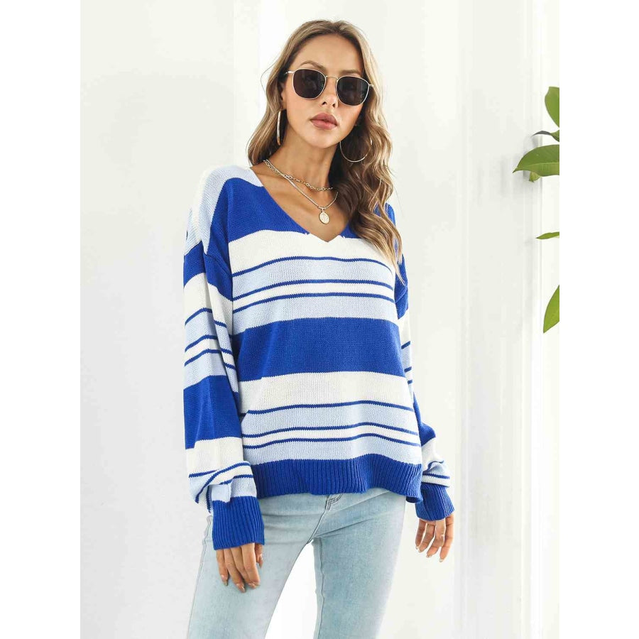 Striped V-Neck Long Sleeve Knit Top Navy / S