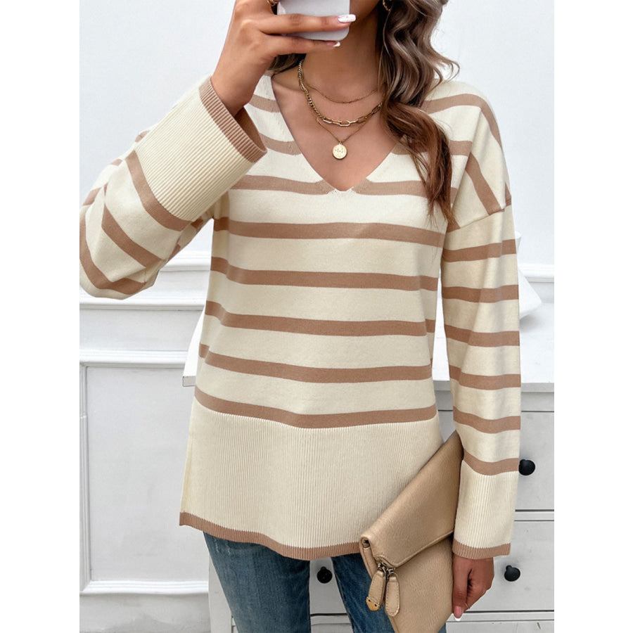 Striped V-Neck Long Sleeve Knit Top Tan / S Apparel and Accessories