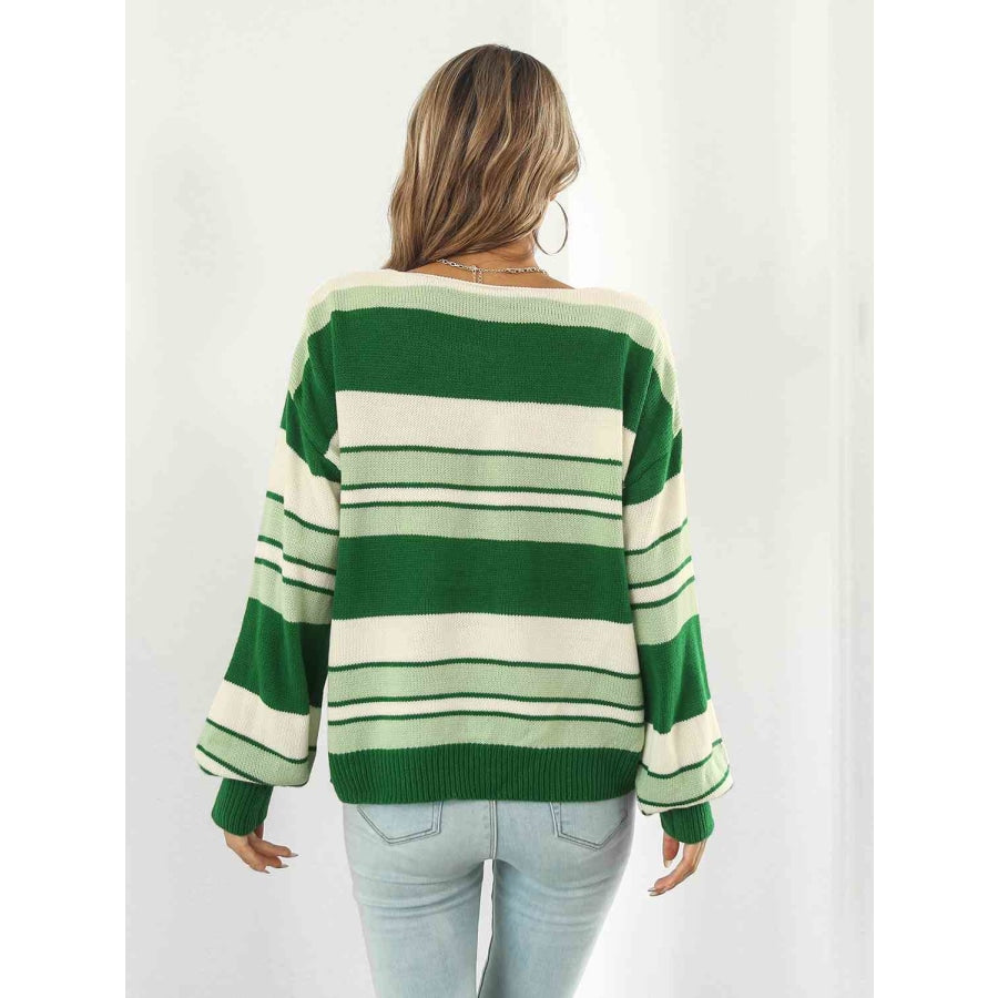 Striped V-Neck Long Sleeve Knit Top