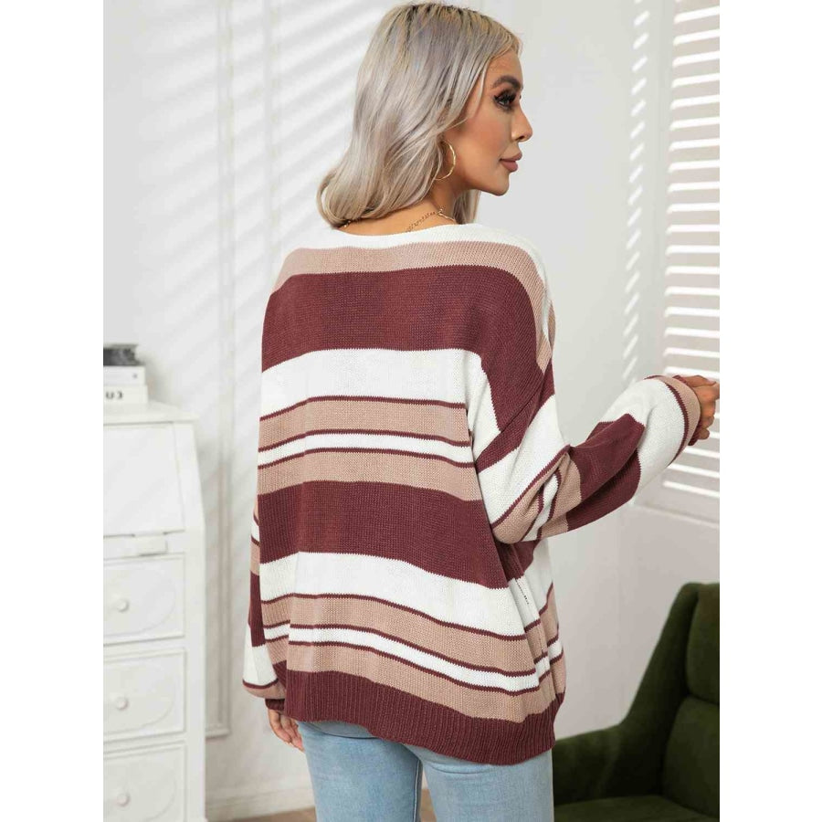 Striped V-Neck Long Sleeve Knit Top Wine / S