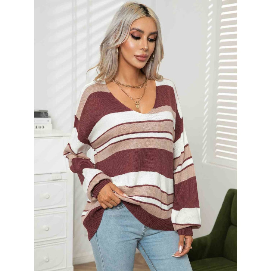 Striped V-Neck Long Sleeve Knit Top