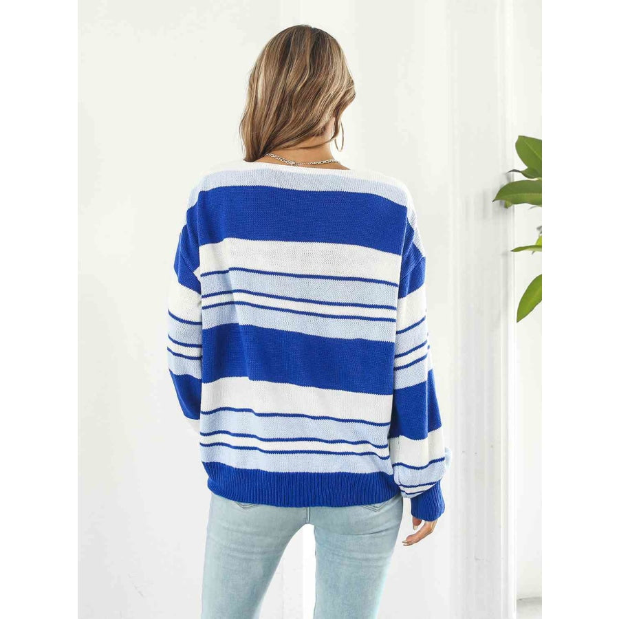 Striped V-Neck Long Sleeve Knit Top