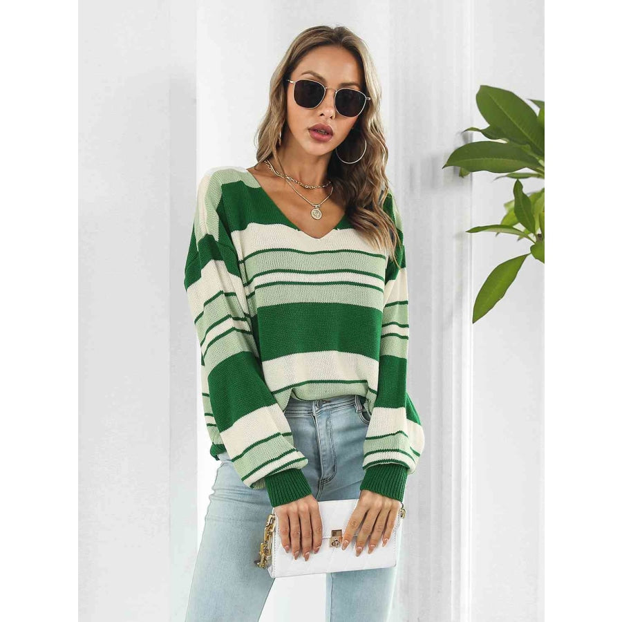 Striped V-Neck Long Sleeve Knit Top