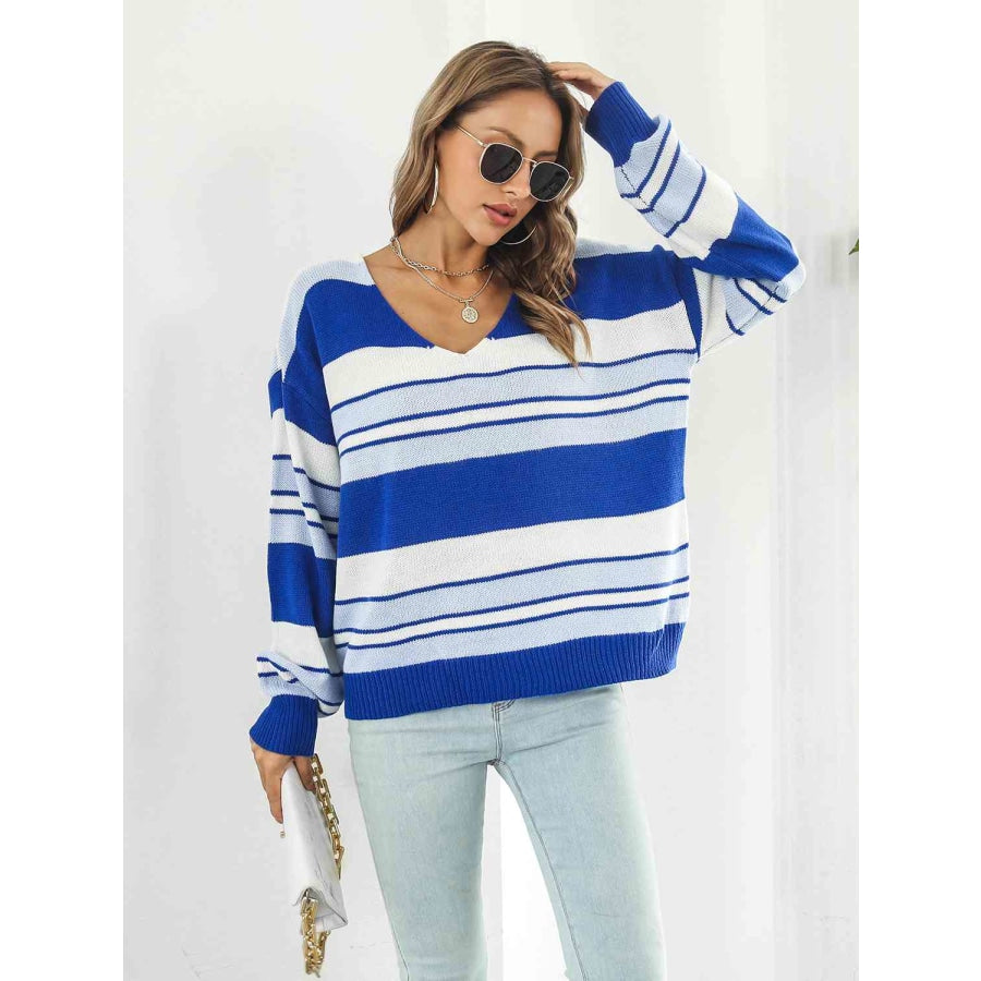 Striped V-Neck Long Sleeve Knit Top