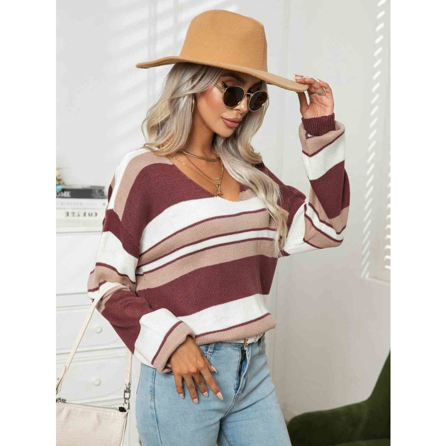 Striped V-Neck Long Sleeve Knit Top