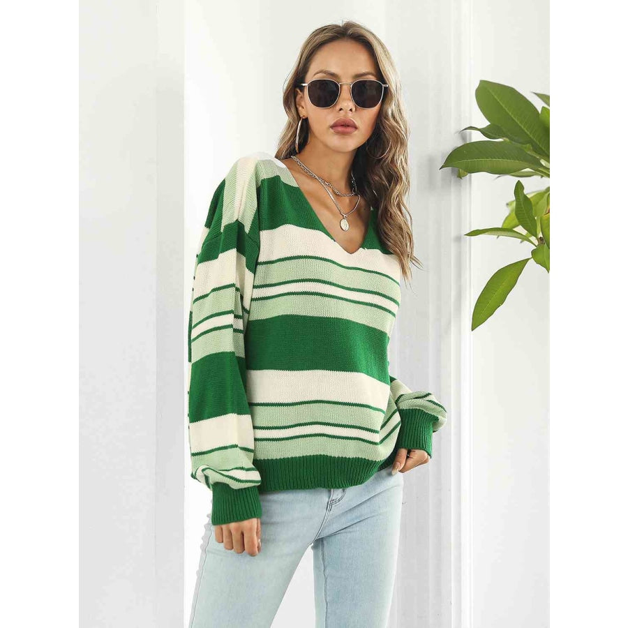 Striped V-Neck Long Sleeve Knit Top