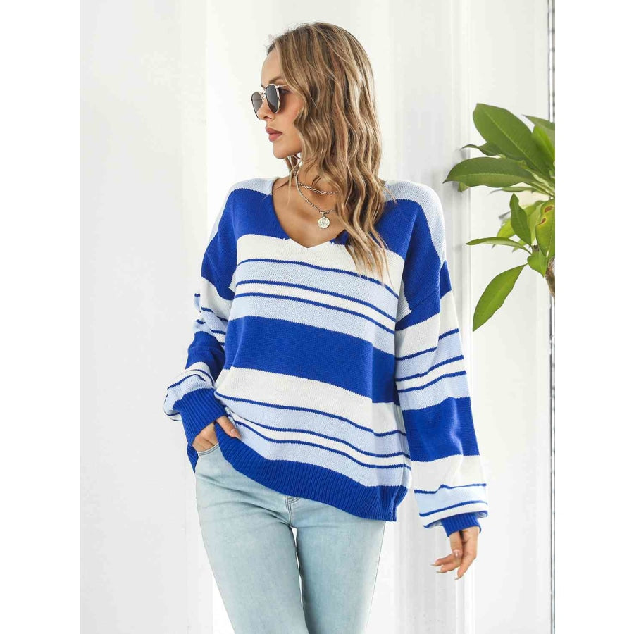 Striped V-Neck Long Sleeve Knit Top