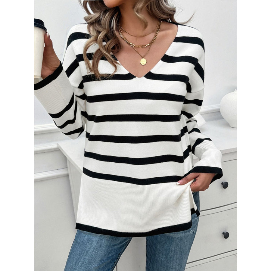 Striped V-Neck Long Sleeve Knit Top White / S Apparel and Accessories