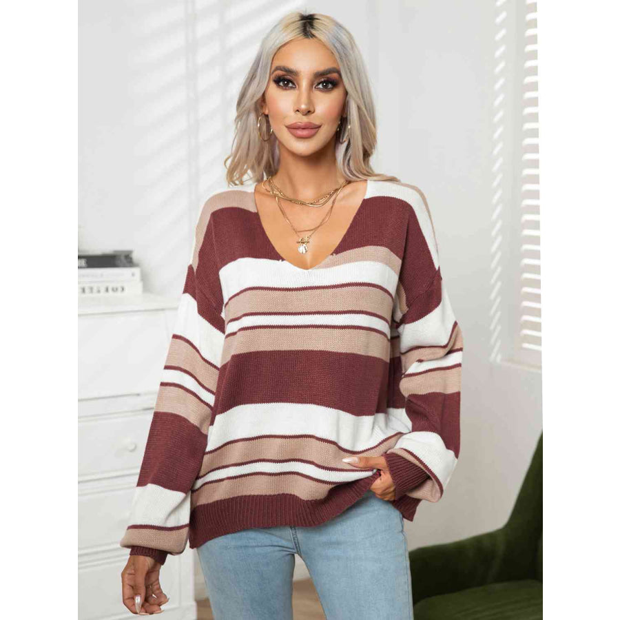 Striped V-Neck Long Sleeve Knit Top Wine / S