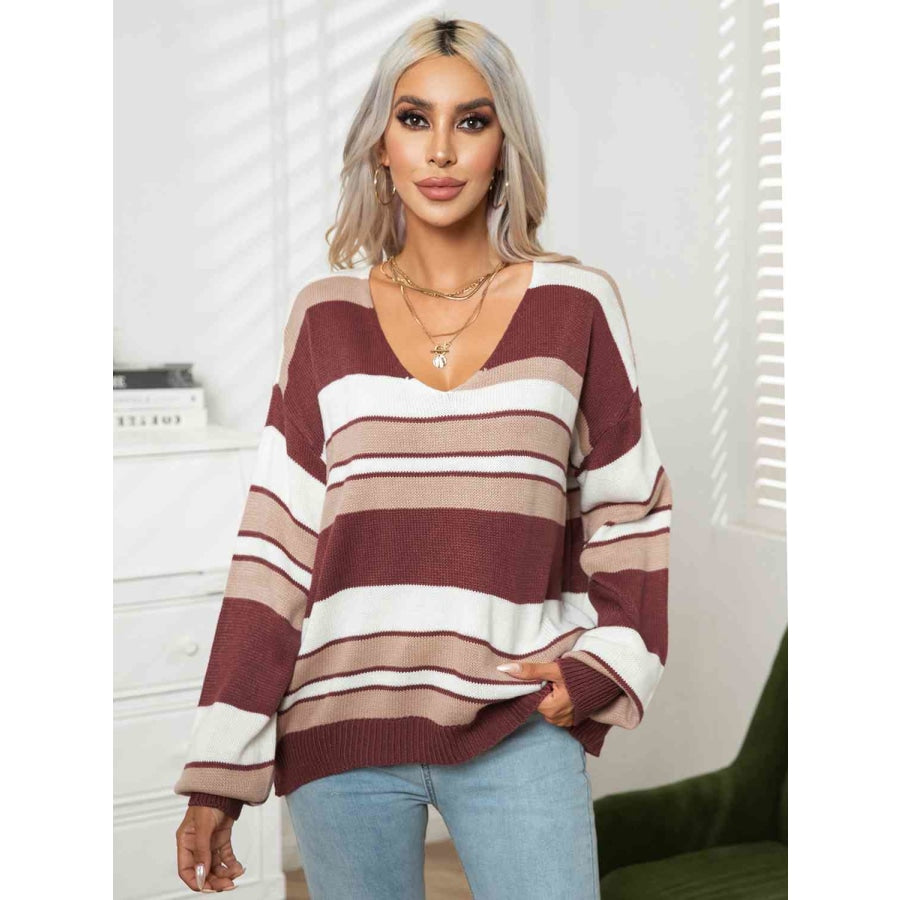 Striped V-Neck Long Sleeve Knit Top Wine / S