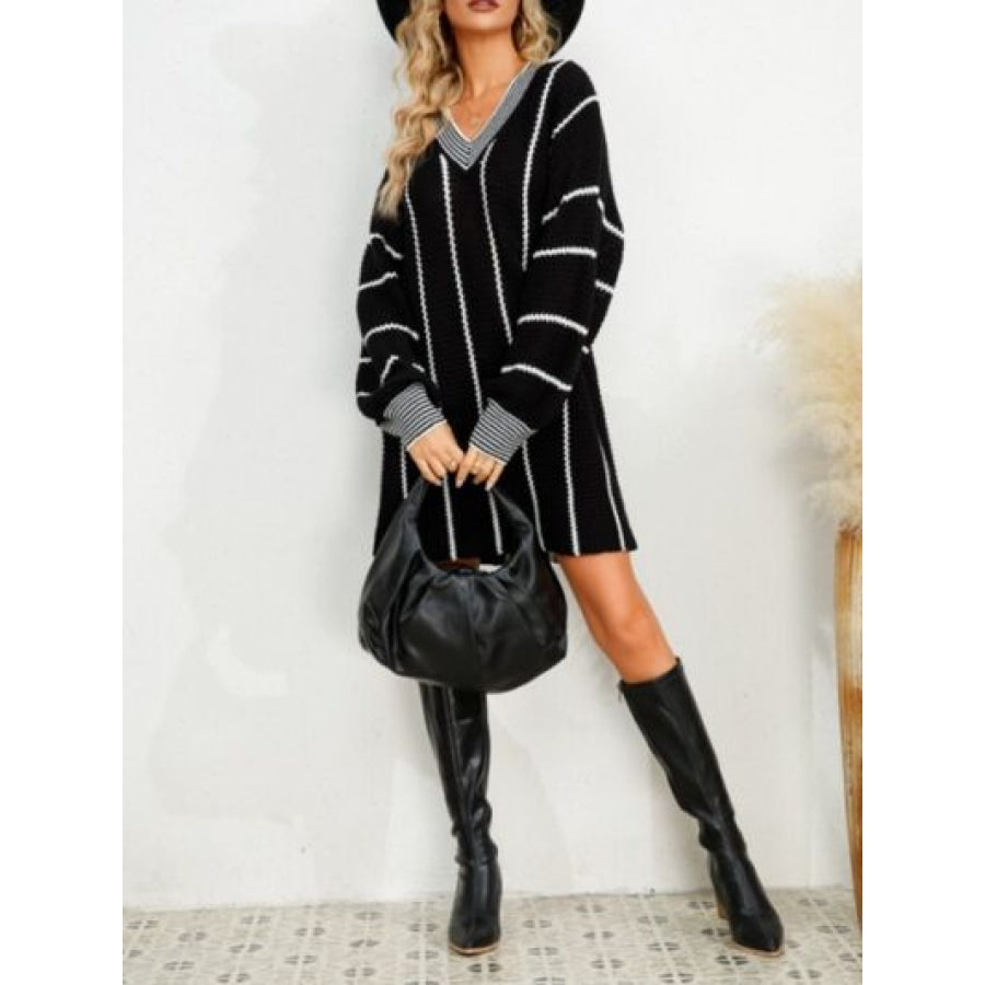 Striped V - Neck Long Sleeve Mini Dress Apparel and Accessories