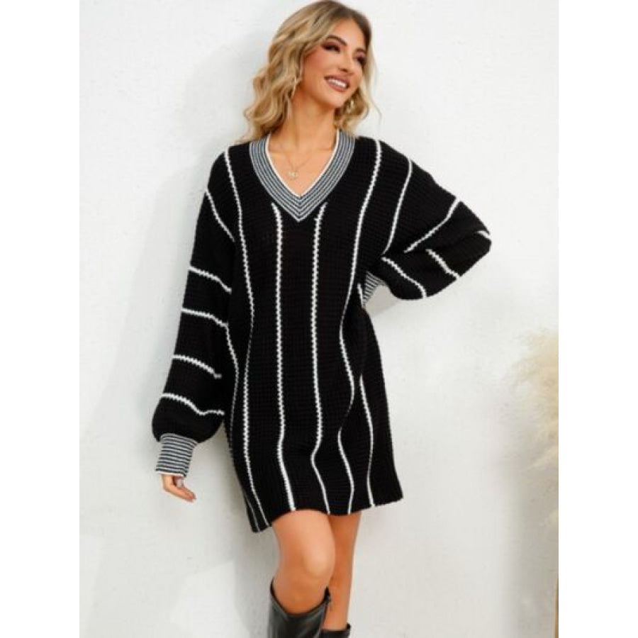 Striped V - Neck Long Sleeve Mini Dress Apparel and Accessories