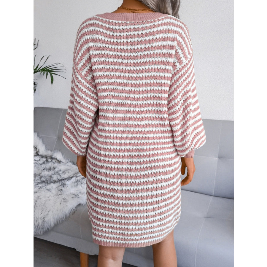 Striped V-Neck Long Sleeve Mini Sweater Dress Apparel and Accessories