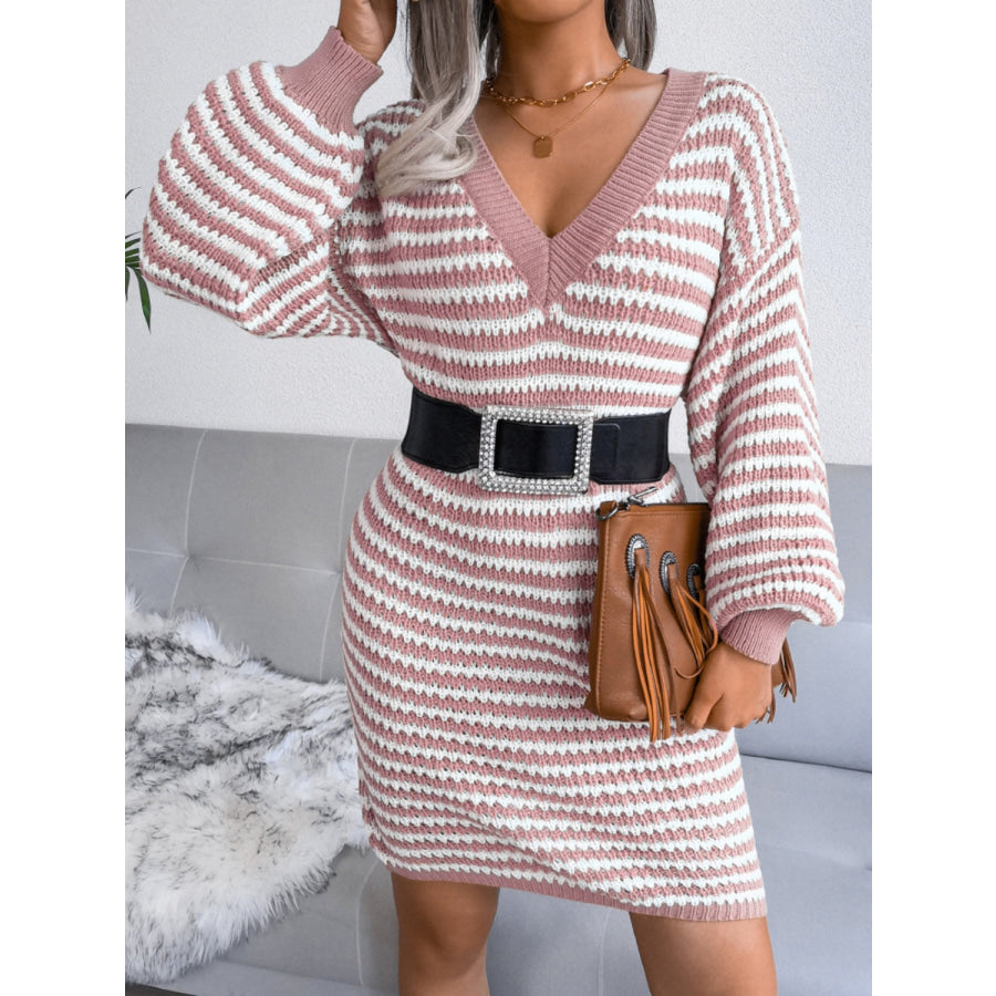 Striped V-Neck Long Sleeve Mini Sweater Dress Apparel and Accessories