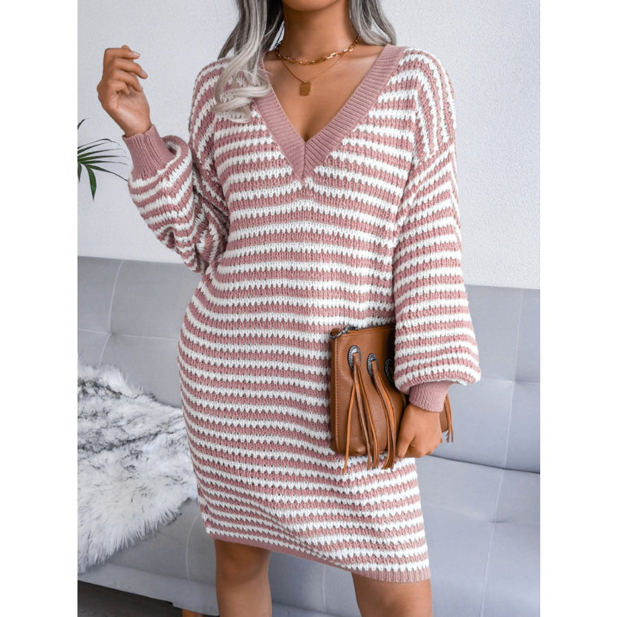 Striped V-Neck Long Sleeve Mini Sweater Dress Apparel and Accessories