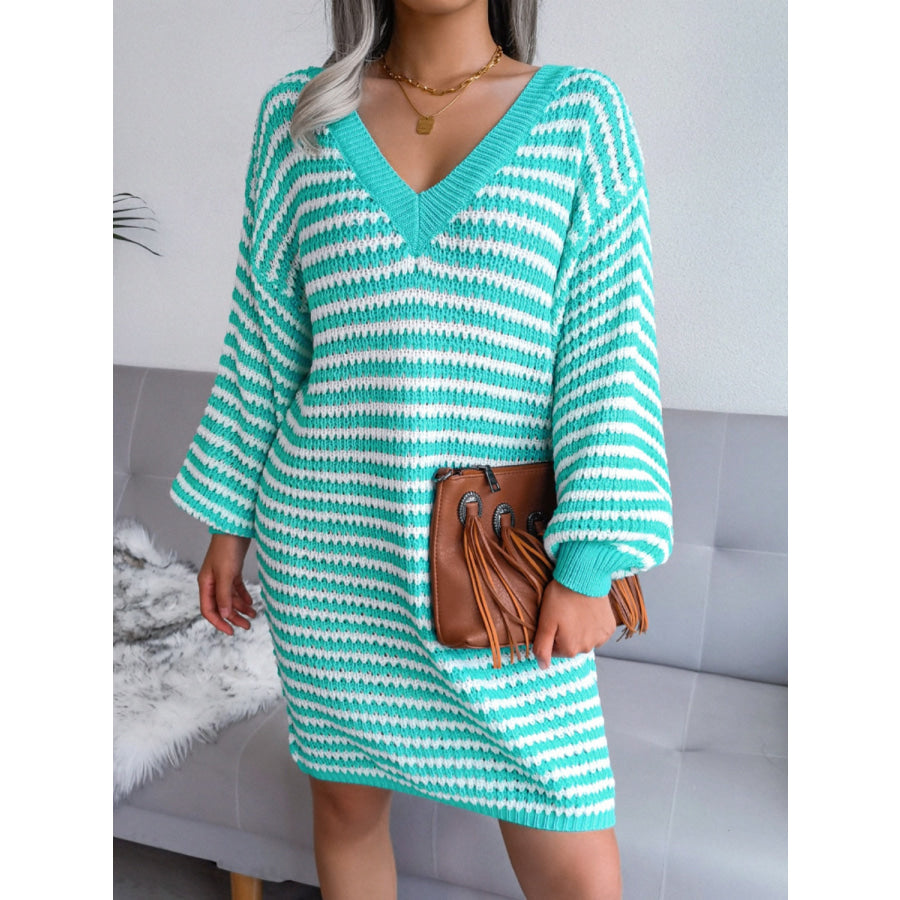 Striped V-Neck Long Sleeve Mini Sweater Dress Apparel and Accessories